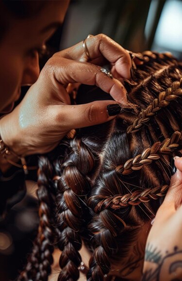 Hairstylist braiding hair into neat cornrows at Braided Aura Nainital