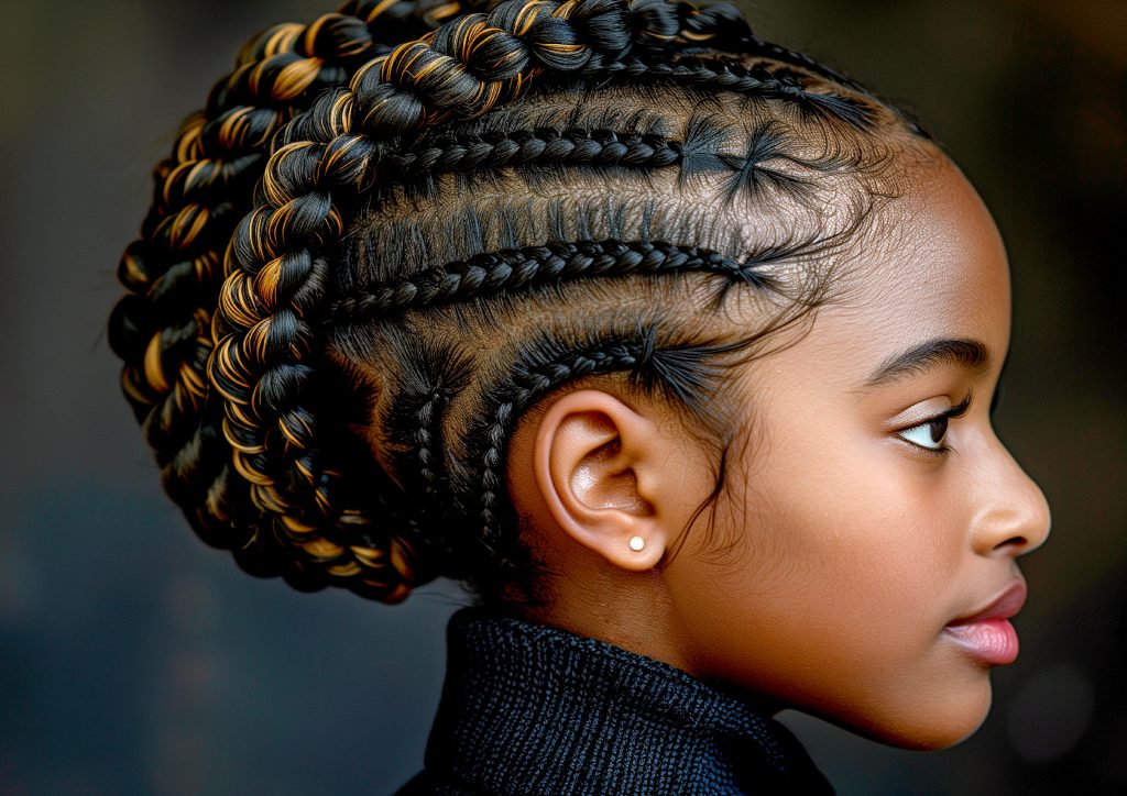 Side profile of a young person with intricate cornrow braids styled into an elegant updo at Braided Aura in Nainital