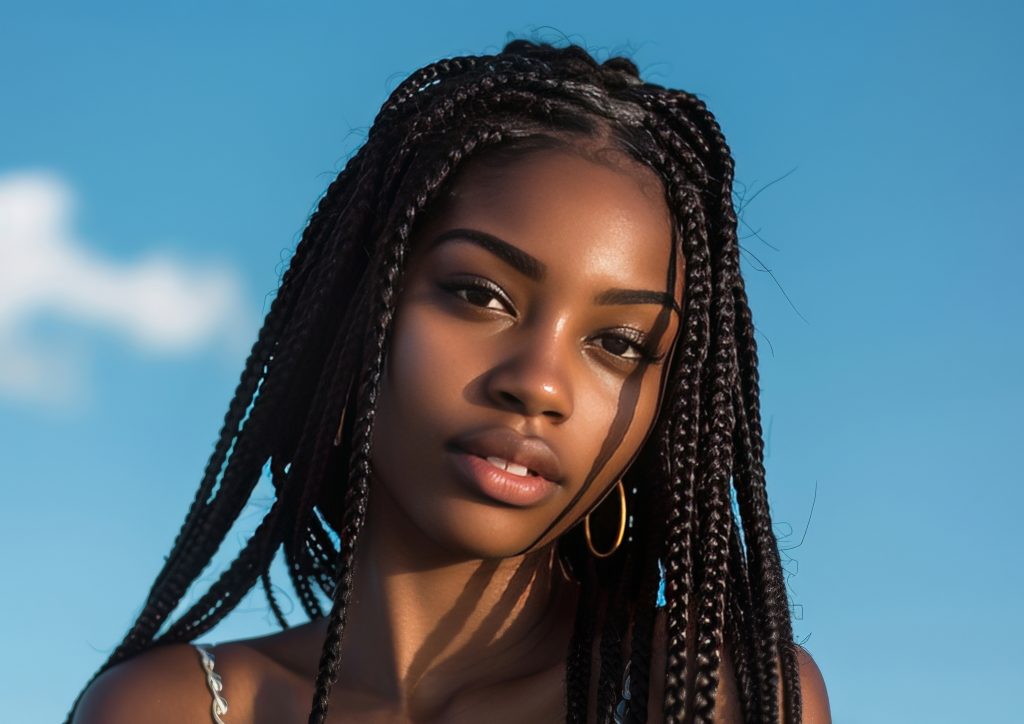 Portrait of a young person with long, neat box braids against a blue sky