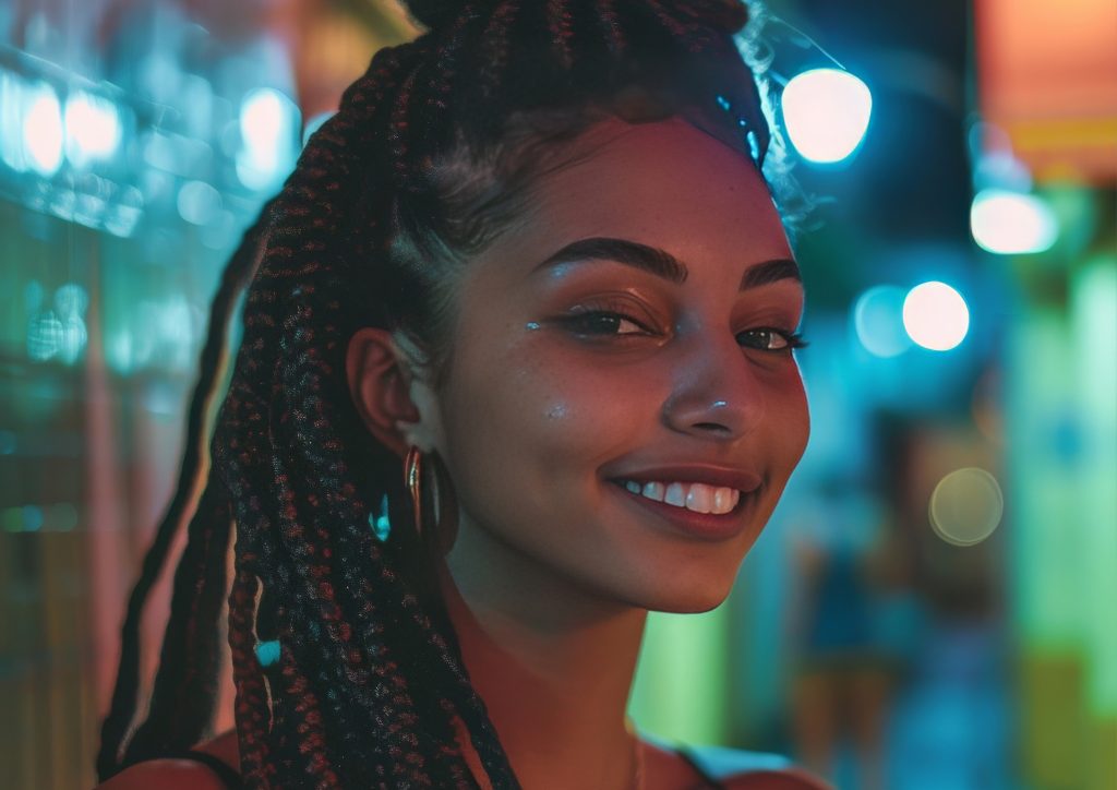 Smiling woman with long braided hairstyle under city lights
