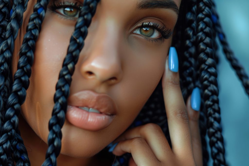 Stylish individual with long flowing box braids and urban fashion look
